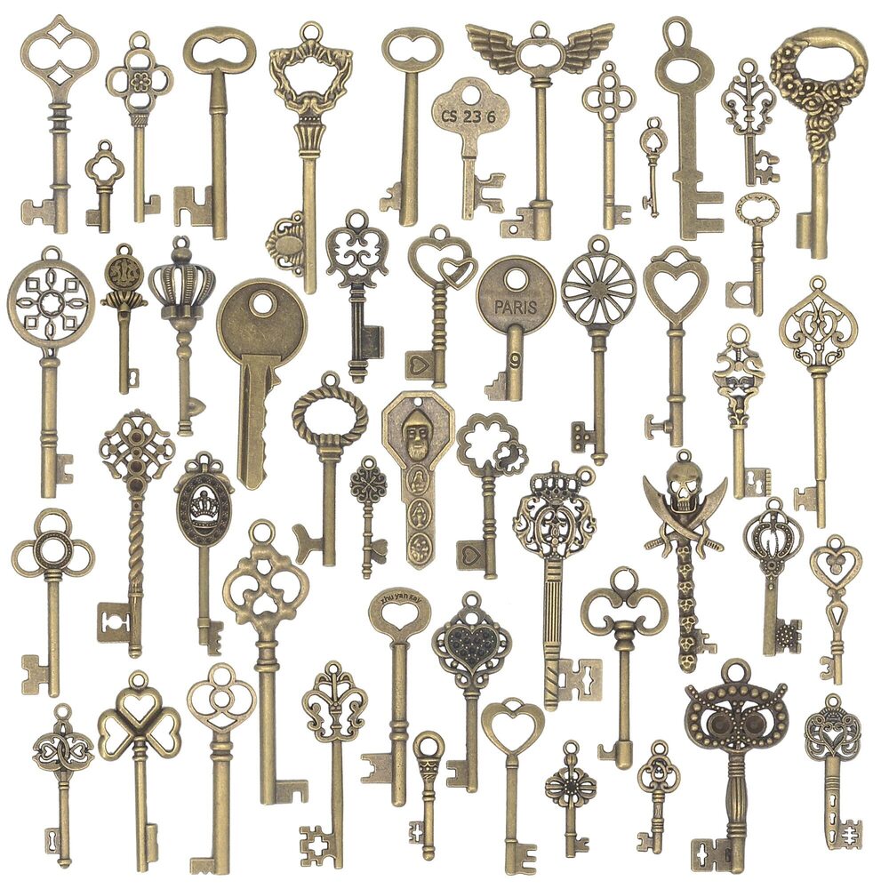 4026 50Pcs Vintage Skeleton Key Charms Set Jewelry Making, Mixed Antique